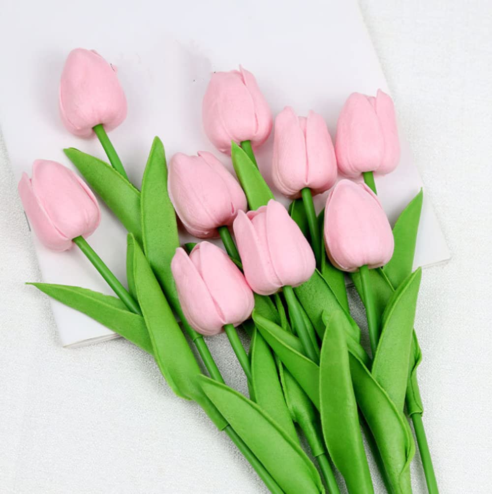JKWINS 10 Pcs Tulips Artificial Flowers Real Touch Tulips Silk Flowers 13.5"PU Mini Tulips Bouquets Flowers Bulk Artificial Tulips Flowers for Vase Home Kitchen Wedding Decorations (Pink)