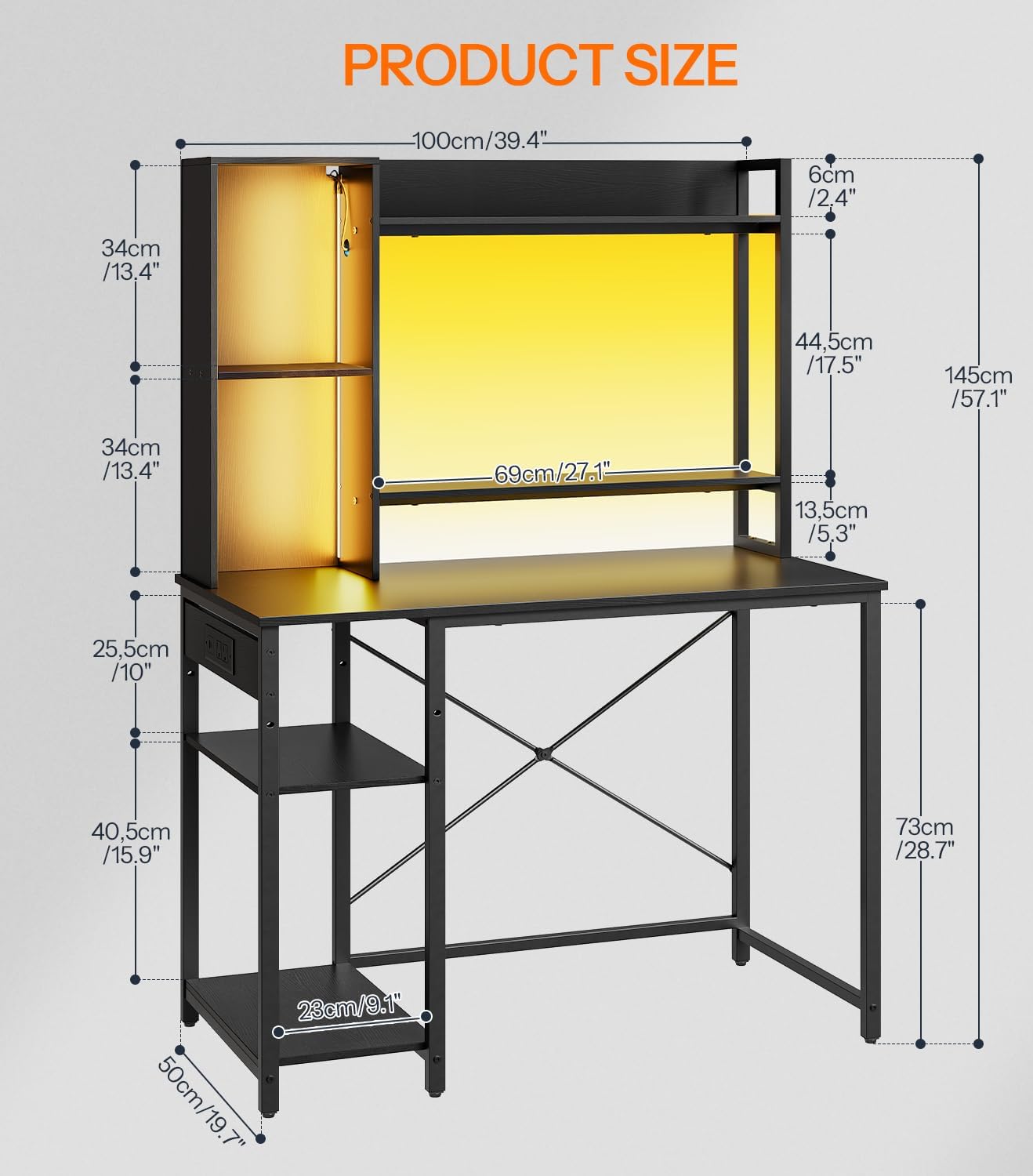 HOOBRO Computer Desk, Small Gaming Desk with LED and Outlets, Home Office Desk with Monitor Stand and Adjustable Shelf, Computer Desk with CPU Stand for Home Office, Small Space, Black BB100UDDN01