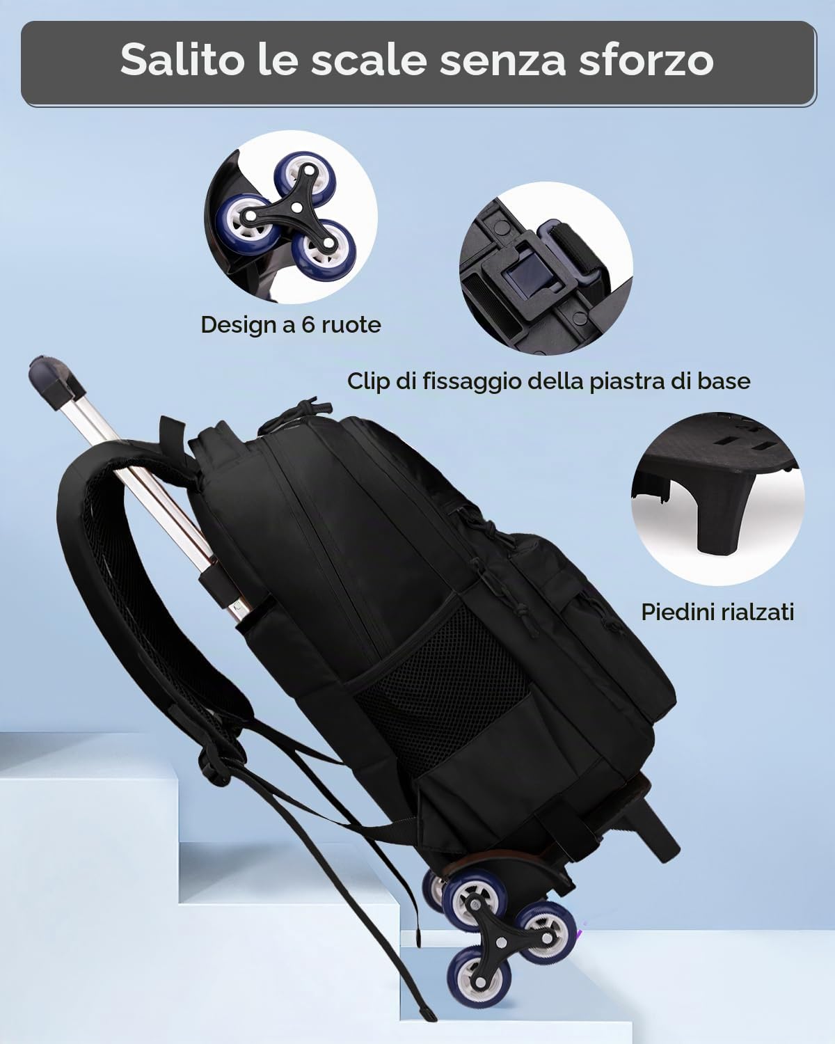 Tanou Zaino Trolley Scuola Elementare e Media, Zaini per Bambini Ragazzi con Carrello e Maniglia Telescopica, Zaino Scuola Trolley a 6 Ruote Staccabile, 25L