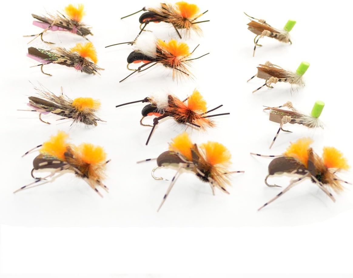 The Fly Fishing Place Trout Flies Assortment Dropper Hopper Foam Body Grasshopper 12 Flies 4 Patterns
