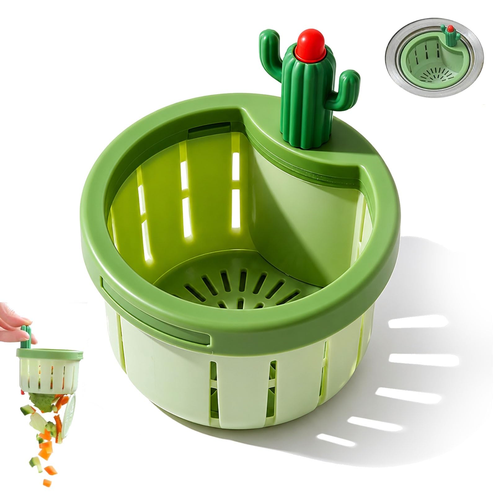 Cactus Kitchen Sink Drain Strainer, Cactus Sink Strainer Basket, Press-to-Lift Automatic Dumping Basket, Self-Cleaning Food Residue Collector(GREEN*1)