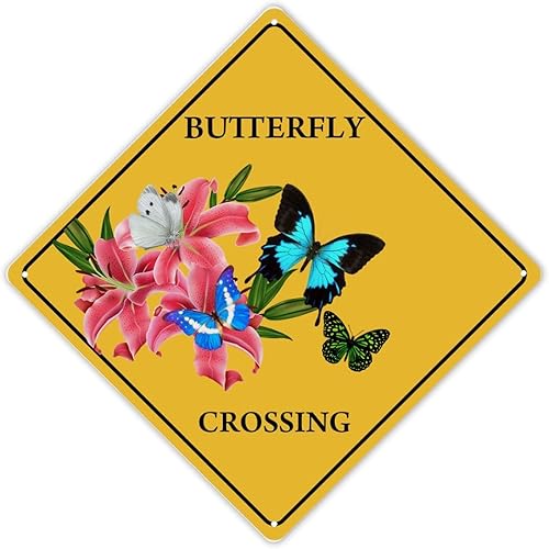 Letrero de metal con diseño de mariposa retro francesa con diseño de cruz Xing, con texto en inglés "Beware of Butterfly Metal Sign" de advertencia