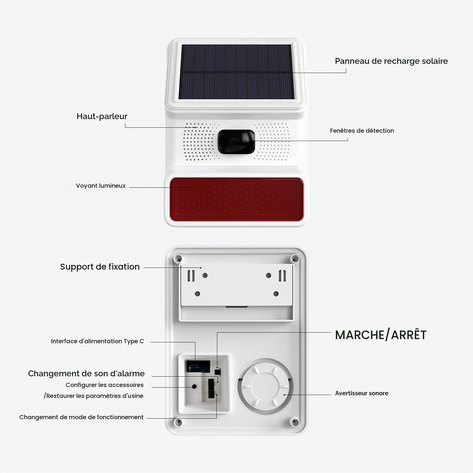 Sirène d'alarme Sirène extérieure Solaire avec Fonction de lumière Clignotante LED Sirène extérieure sans Fil 433 MHz Compatible avec Dadvu PG103 ; PG107; PG108 (PE523)