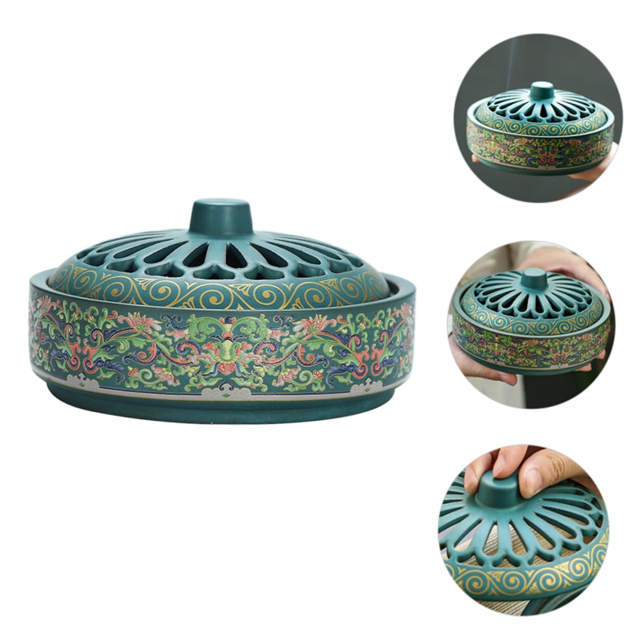 Keramik Räuchergefäß Grün mit Klassischem, Detailreichem Design