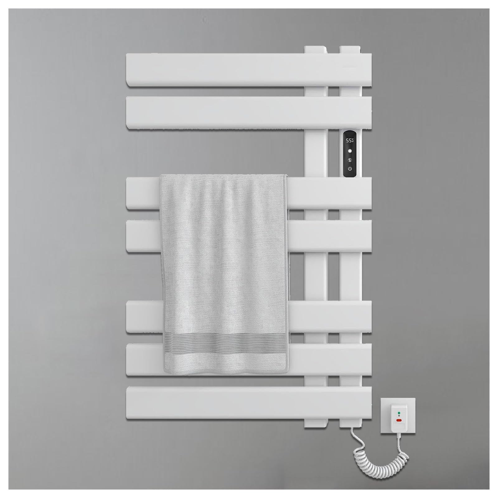 Electric Towel Rail, Towel Warmer with Timer,LED Display,Constant Temperature Control, Heated Drying Rack Wall Mounted Plug-in/Hardwired,B-White