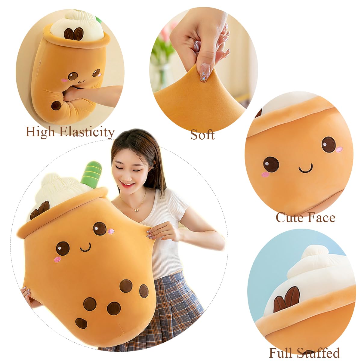 Bubble Tea Peluche Cuscino, Kawaii Boba Peluche Giocattolo Imbottito Soft Bubble Pearl Milk Tea Abbraccio Cuscino Regali per Bambini(Brown-Round eyes,50cm)