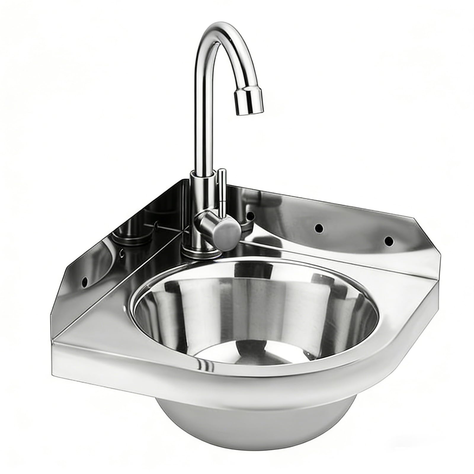 Lavabo ad Angolo in Acciaio Inox, Lavabo da Parete Triangolare, Lavello in Acciaio Inox con Rubinetto Acqua Calda e Fredda, Salvaspazio per Bagno, Camper, Barca, WC, Garage