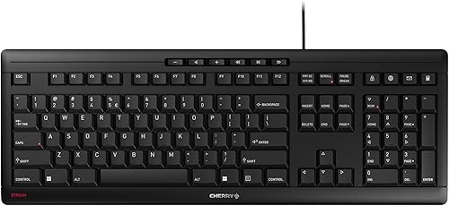 Cherry Stream Keyboard, Wired Keyboard for PC/Laptop, Whisper Quiet Silent Keys, Unique Typing Feel, Slim Design, SX Scissor Switches, USB-A, QWERTY, Black