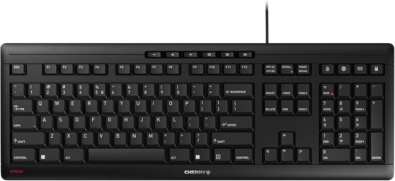 Cherry Stream Keyboard | Wired Slim Whisper Quiet | Silent Keys | Black | For PC/Laptop, Unique Typing Feel, Slim Design, CHERRY SX Scissor Switches, USB-A, QWERTY, Home or Office
