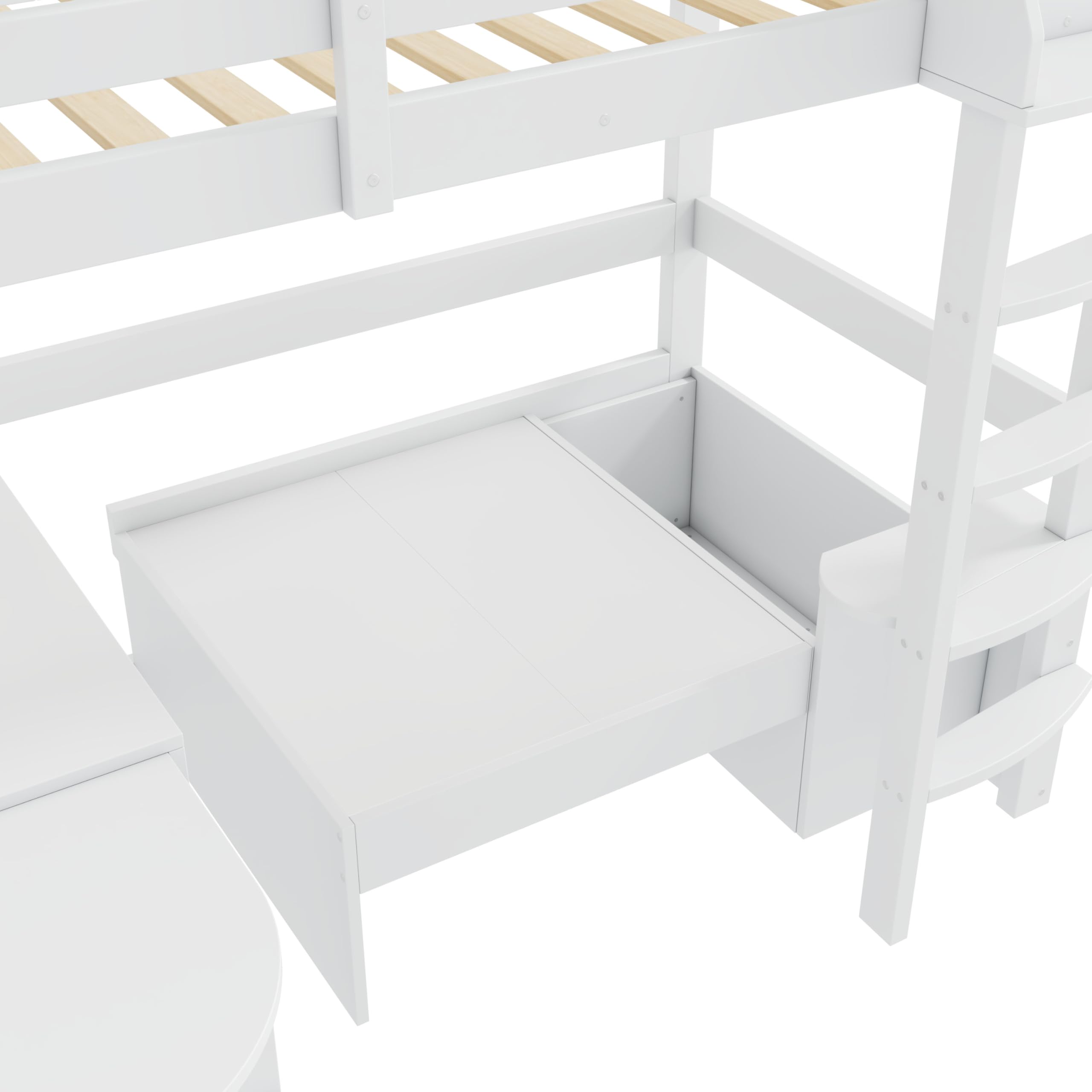 Multifunktionales Kinderbett 90x200cm, Etagenbett Hochbett mit ausziehbarem Tisch, Sofa mit Stauraum, Sitzkissen, Kissen und Lagerregale, Stockbett Kinderhochbett Jugendhochbett, Ohne Matratze, Weiß