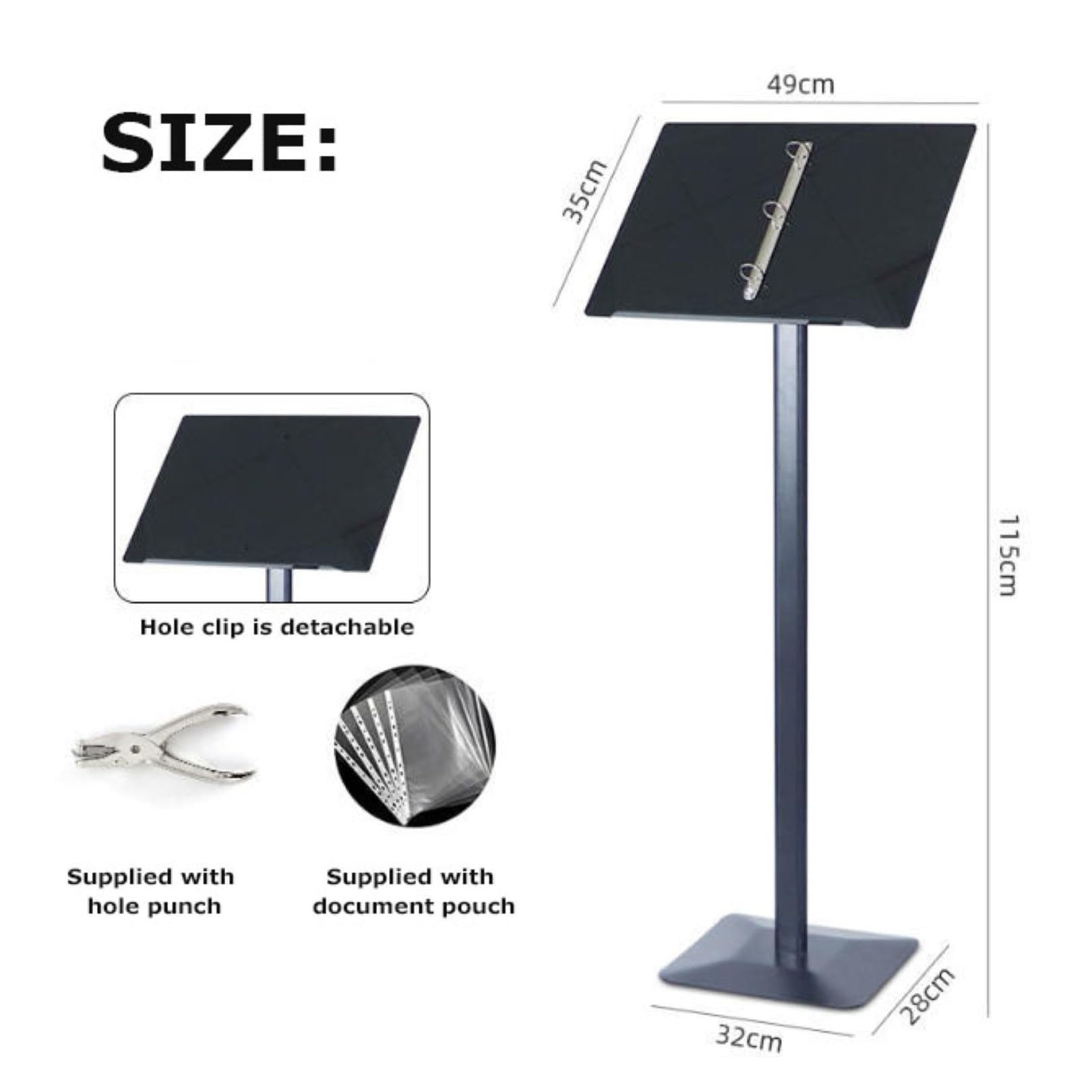 Atril independiente negro, robusto podio de base de hierro para altavoces.Soporte de exhibición de menú de acrílico versátil con carpeta de flip extraíble.Ideal para restaurantes, conferencias, evento