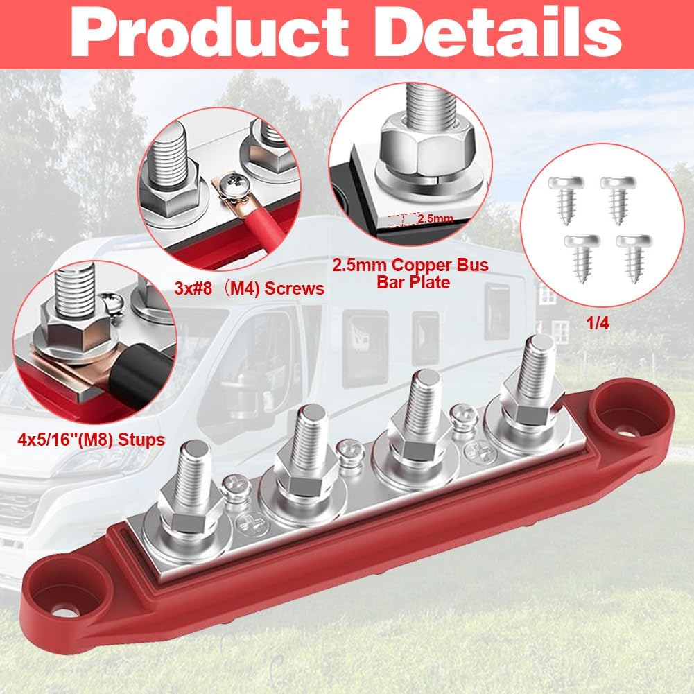 2 Stück Sammelschiene Verteilerblock 12V- 48V DC BusBar Box mit 4 x M8 Klemmenbolzen, 250A Stromverteilungsblock Sammelschiene Verteilerblock für Wohnmobile Auto RV Boat Yacht Solarsystem