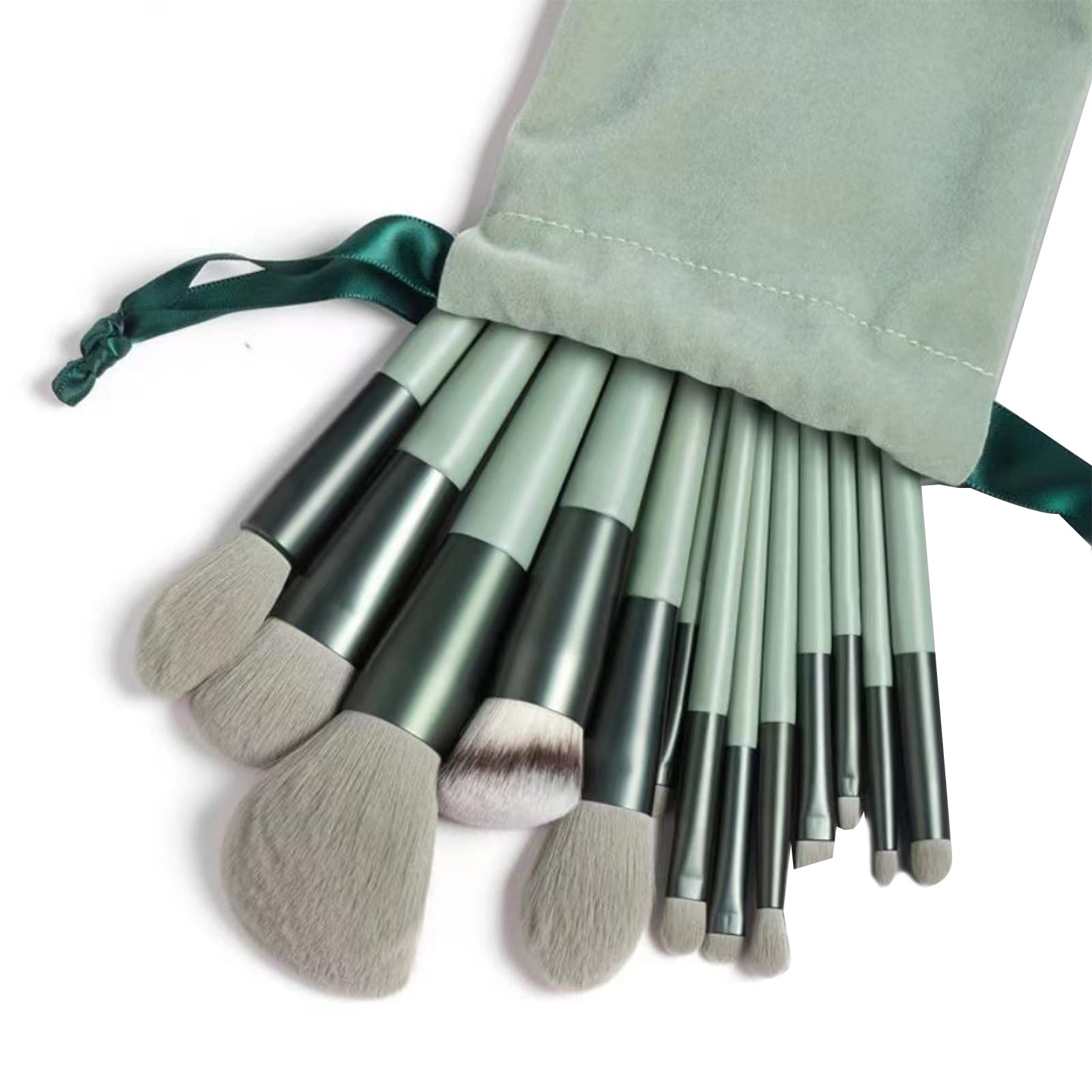 Eowppue Brochas De Maquillaje 13 Piezas Juego De Brochas De Maquillaje Para Base Facial Colorete Corrector Sombra De Ojos（Verde Con Bolsa Franela Almacenamiento）