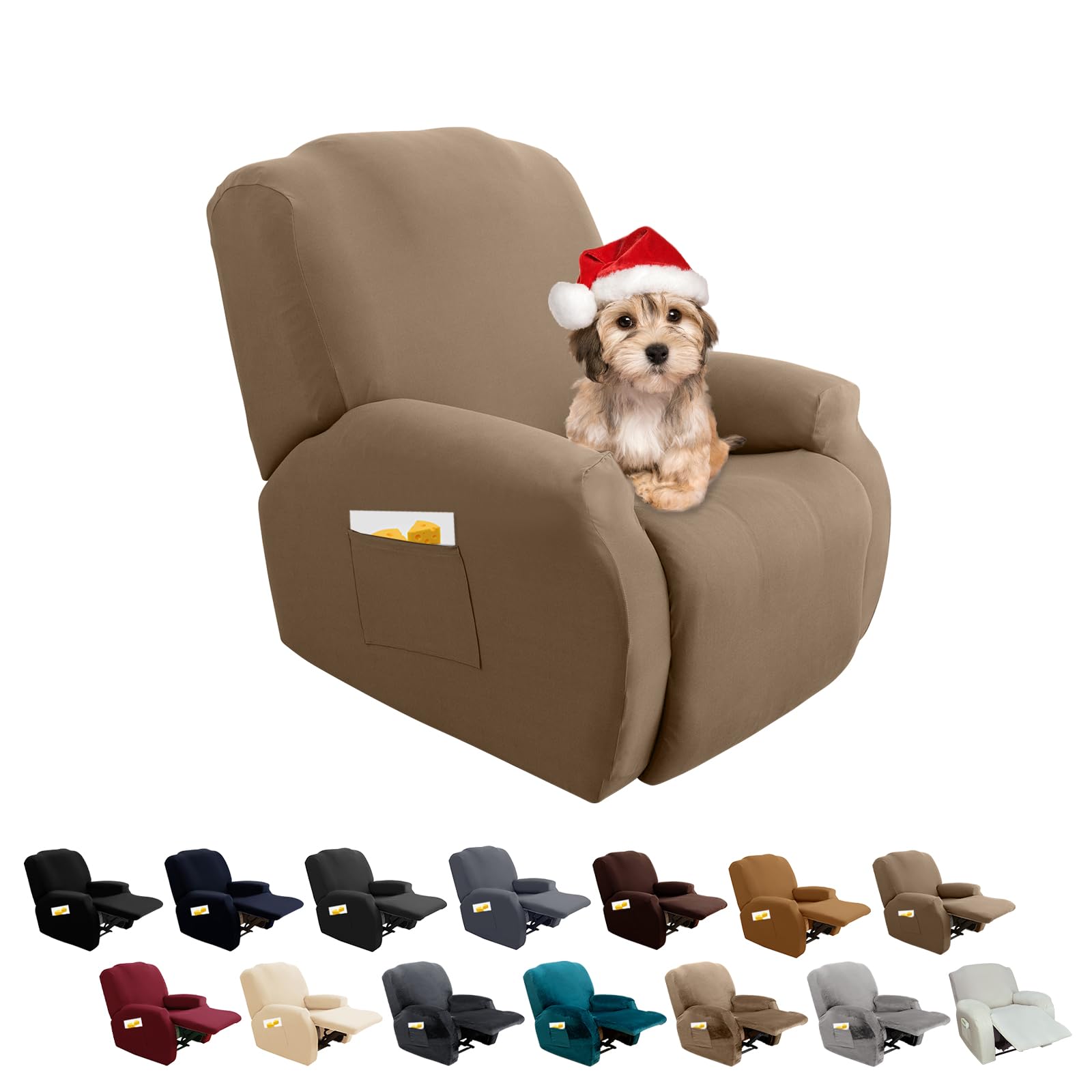 FIGOOO Copripoltrona Relax Reclinabile Copripoltrona 1 Posto Elasticizzato Relax Universale Elettrica con Tasche 4-Pezzi Fodere per Poltrona Rimovibile Coprisedile Chivas,Marrone Rossastro