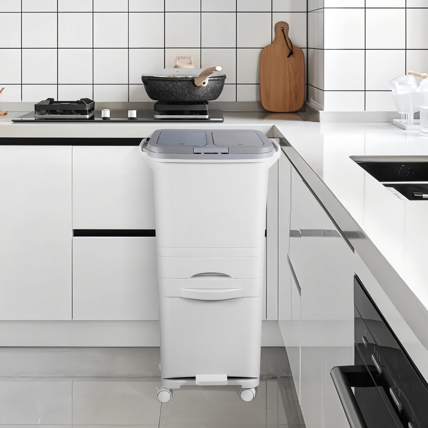 Pattumiera Cucina 42L,2 Scomparti,Raccolta Differenziata con Pedale | Pattumiera con coperchio e apertura a pulsante,raccolta differenziata con pedale,secchi rimovibili e ruote