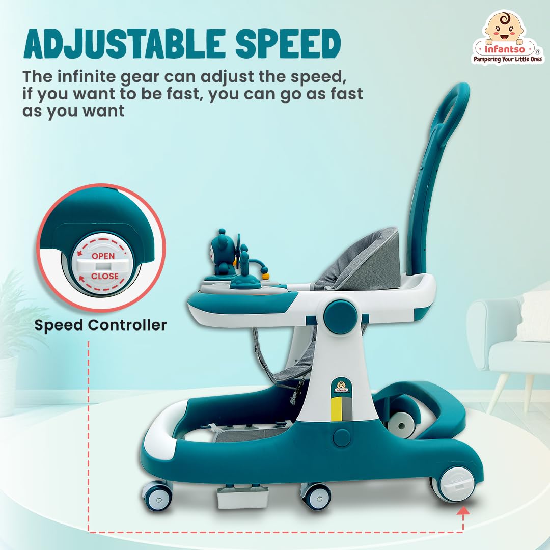 Infantso Teddy Steady Premium 4-in-1 Baby Walker, Bouncer, Feeding Tray, & Push Toy - Walkers 6-24 Months | Walker for Kids 1 Year - 01Green - Image 5 thumbnail