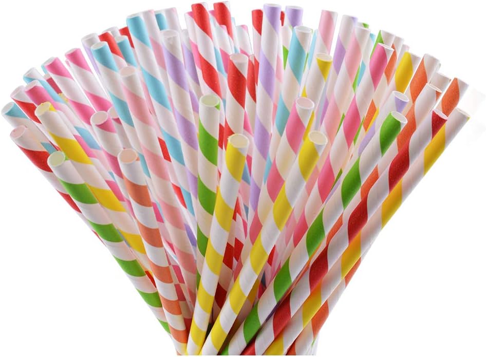 Yacolife 200-Pack Biodegradable Paper Straws - 8 Different Colors Rainbow Stripe Paper Drinking Straws for Smoothies, Shakes, Party Supplies,Decorations,Weddings and Birthdays