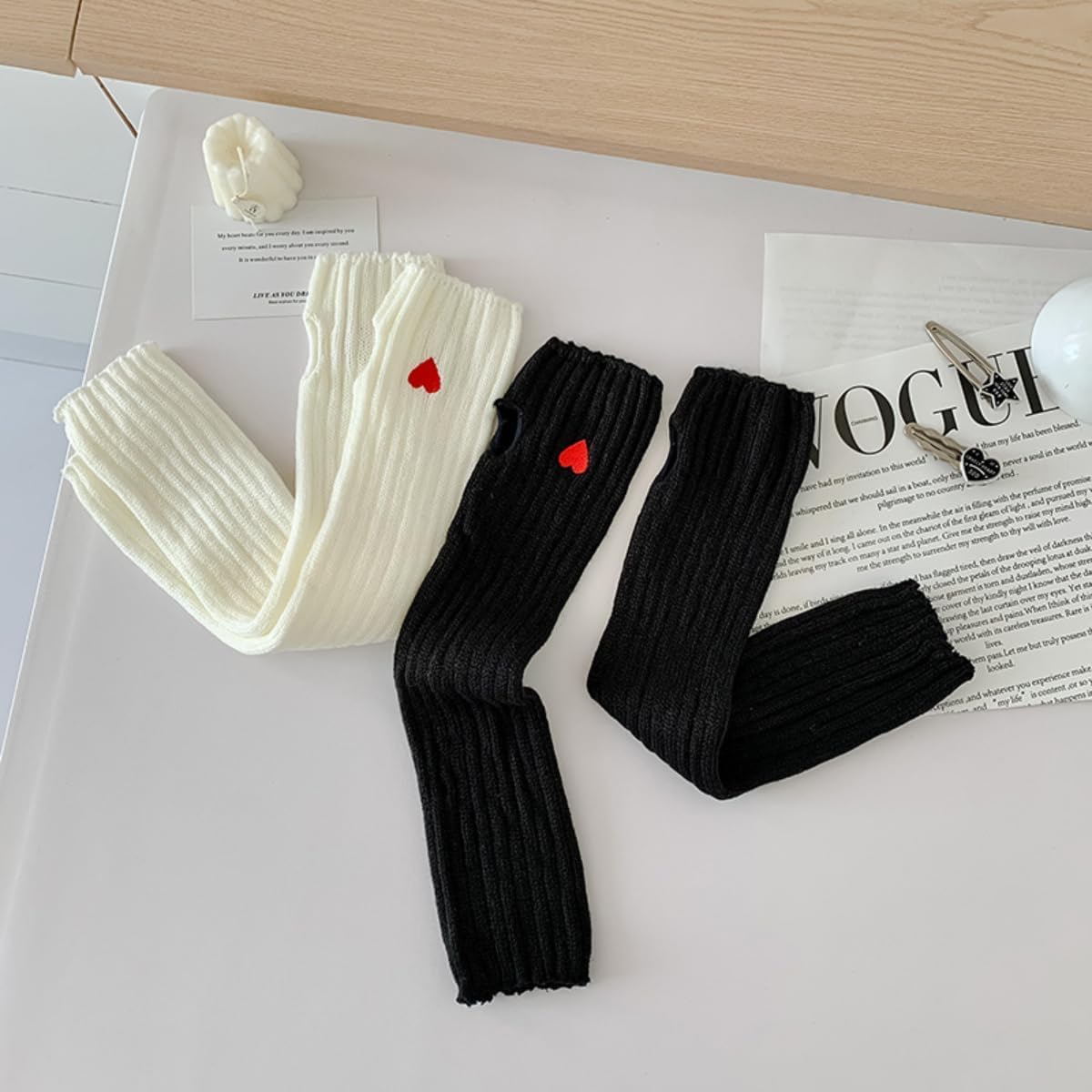 Y2k Knitted Arm Warmers Cute Heart Patterned Arm Sleeves Gothic Fingerless Gloves for Women