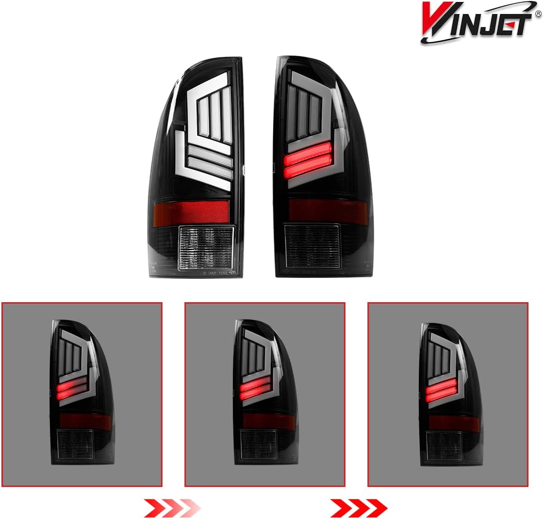 Winjet LED Tail Light Assembly Fit For 2005-2015 Toyota Tacoma Full Led Taillight Replacement w/Sequential Turn Signal Light/DRL/Brake Light/Reverse Light (Black Housing Clear Lens)