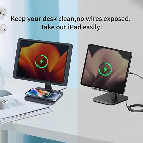 Miniatura 5 de EMONITA Soporte magnético para iPad con cargador rápido de 18 W. Forma de L plegable, imanes fuertes, rotación de 360, inclinación de 180, base de