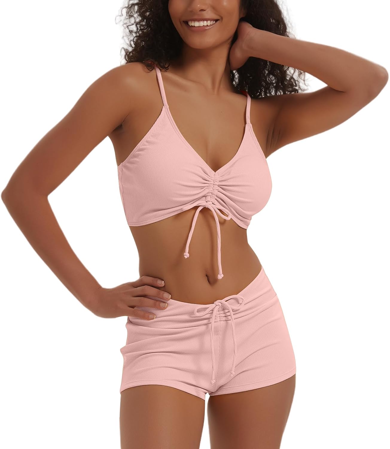 meioro Solid Swimsuit for Women Tie Front Shorts Bikini Two Piece Swimwear Athletic Bathing Suits High Waist Swimming Suit
