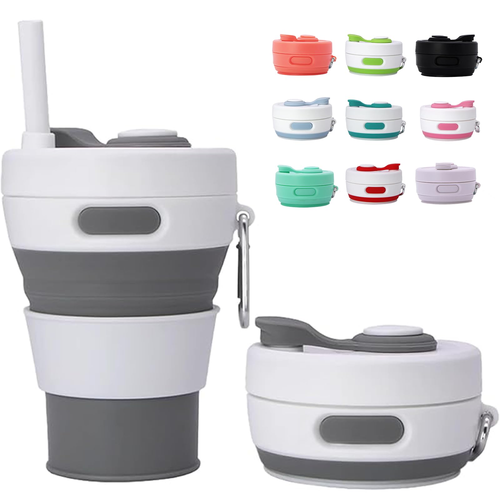 MOMAHUA 450ml/15oz Collapsible Coffee Cup with Lids,Grey Silicone Portable Water Cups,Reusable Coffee Mug,Foldable Camping Travel Cup Fits in Your Pocket,Folding Mug Collapses to 6cm