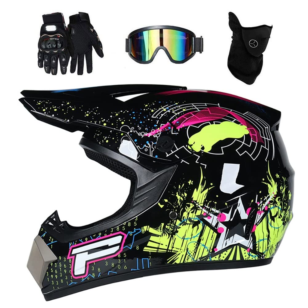 Gioventù Bambini MTB Casco da Motocross, con Occhiali Guanti Maschera, Adulto Faccia Intera Offroad Strada Enduro ATV Scooter Moto Caschi, Unisex Discesa Corse Dirt Bike Casco