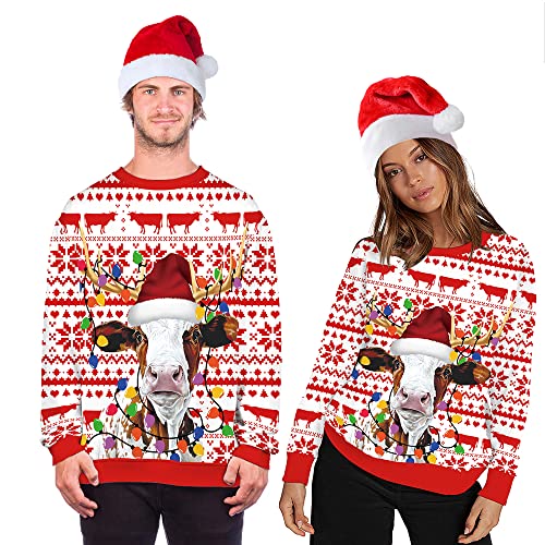 Roevite Long Sleeve Christmas Sweatshirts For Womens Mens Caw With Christmas Hat Funny Christmas Sweater Crew Neck Top(T183,Lxl) #TOP4
