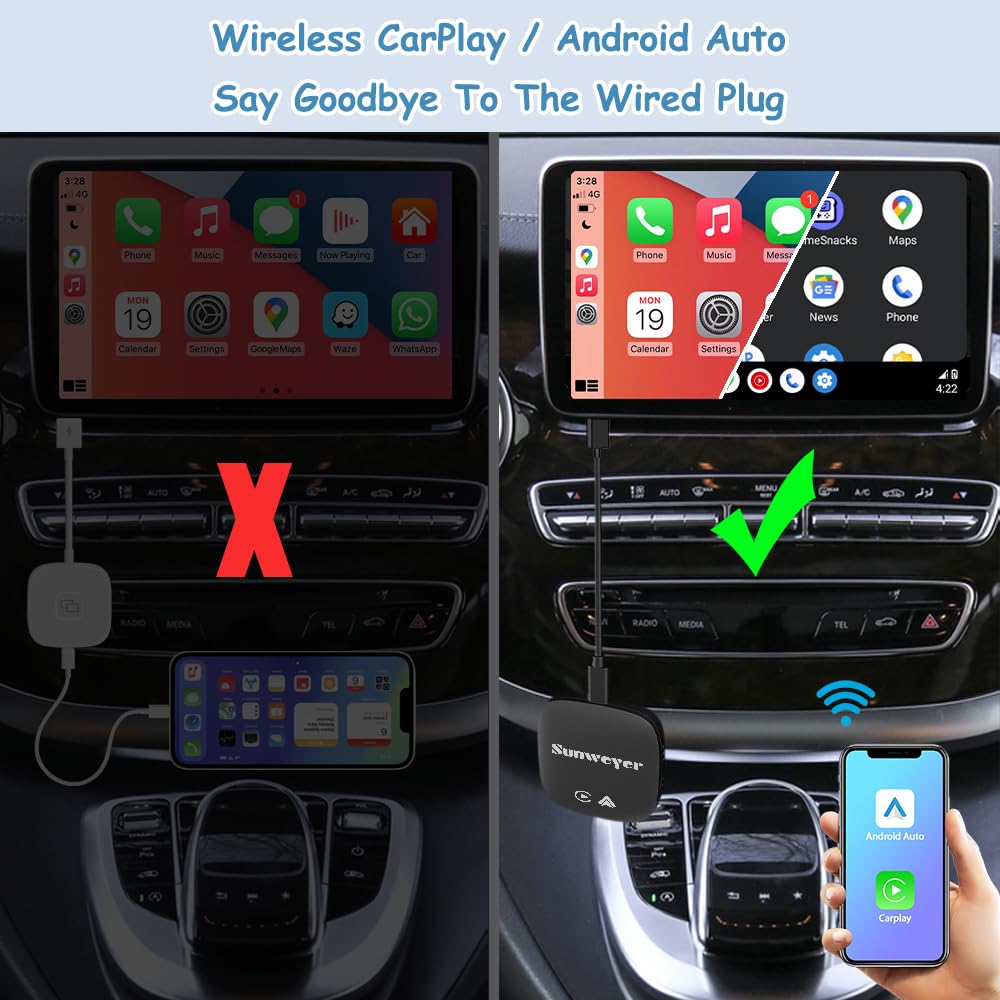 Sunweyer Adattatore Wireless CarPlay Android Auto 2+32GB con Play Store & Netflix/YouTube - Supporto TF/USB, Installazione App (Solo per auto con CarPlay Cablato o Android Auto Cablato) (SW05)