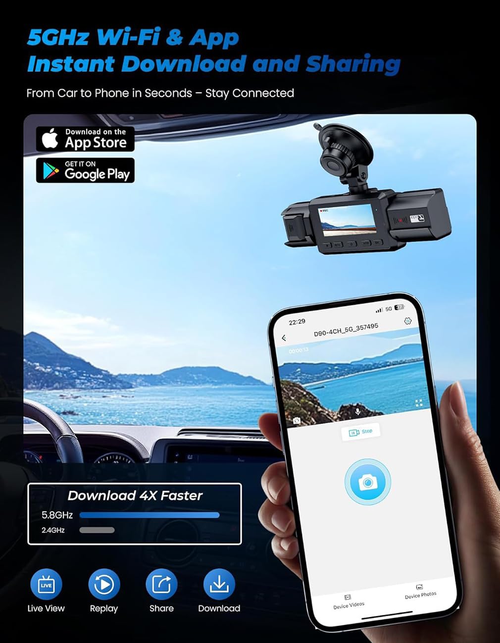 Dash Cam a 4 canali per auto, telecamere anteriori interne laterali e posteriori, visione notturna 4 telecamere HD 1080p, modalità parcheggio radar, app WiFi protezione panoramica WDR a 360 gradi
