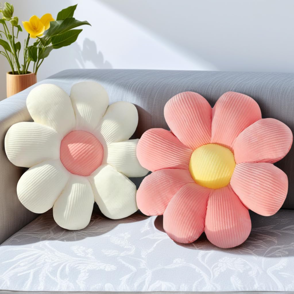 Poduszka w kwiaty, urocze poduszki, poduszka podłogowa 38 cm poduszka w kwiaty, poduszki podłogowe dla dzieci dziewcząt, estetyczna dekoracja do pokoju, na sofę, krzesło, różowa + biała, 38