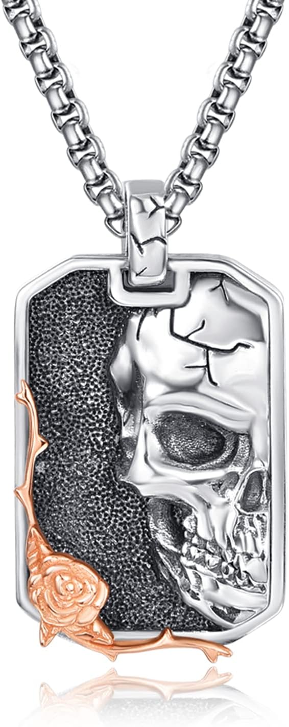 KINGWHYTE Skull Necklace with Rose flower 925 Sterling Silver for Men Women