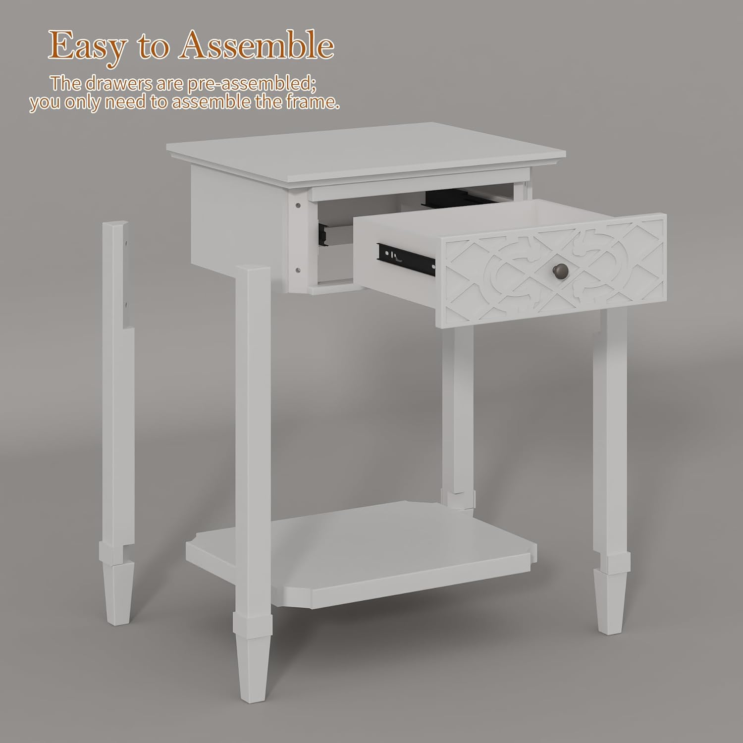 karlott 26" Tall Farmhouse Night Stand with Pre-Assembled Drawers, Painted Bedside Table, Pine Leg and Solid Wood Frame Nightstand, Side Table End Table for Bedroom, Carved Pattern, Pure White