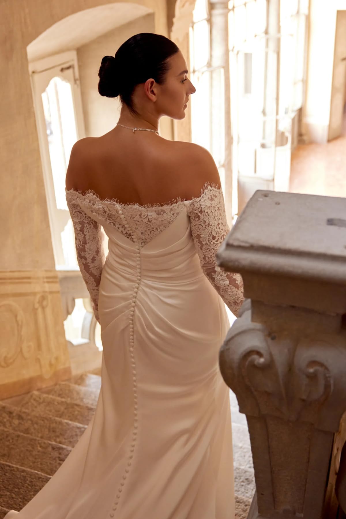 HUINI Spitzen Satin Brautkleid mit Schleppe Off-Shoulder Lange Ärmel Meerjungfrau Hochzeitskleid für Damen
