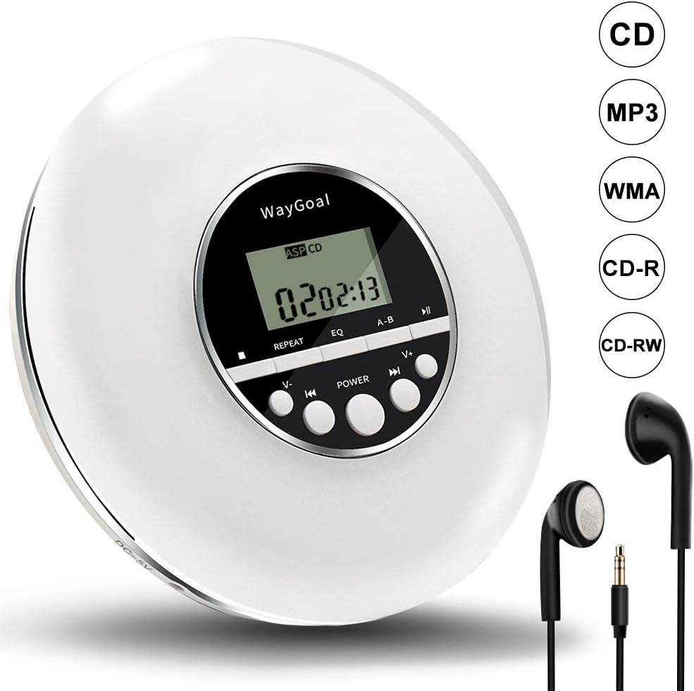 Personal CD Player, WayGoal Protable CD Player with Headphones Mini Compact Discman Walkman Support Last Memory Anti-Skip Protection, LCD Display, for Audio Books, Car, Gifts for Kids Children & Adult (White)