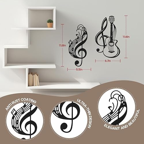 Miniatura 2 de Jarrón de metal con notas musicales para pared, decoración colgante para sala de estar, cocina, dormitorio (notas musicales de guitarra, paquete de