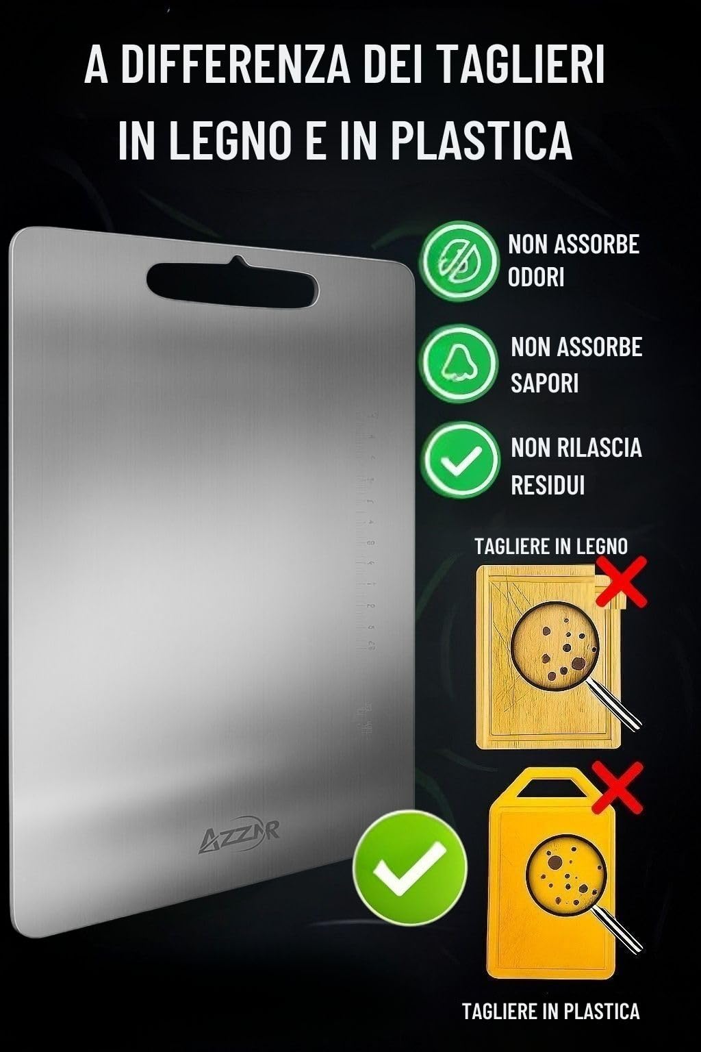 AZZAR Tagliere In Acciaio Inox Alimentare 304 con Righello 15 cm