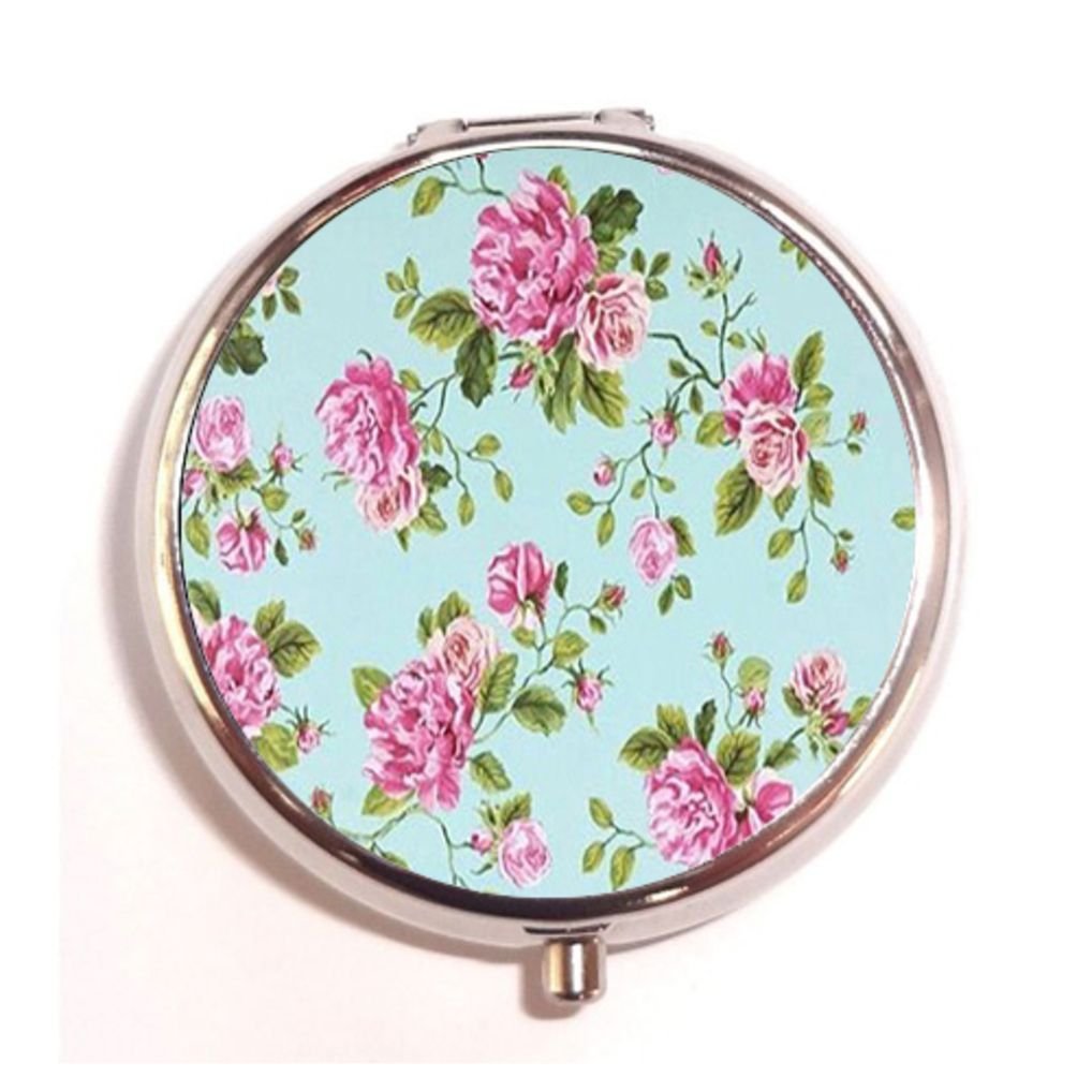 Green Mint Floral PINK ROSE Flower Custom Fashion Pill Box Medicine Tablet Holder Organizer Case for Pocket or Purse