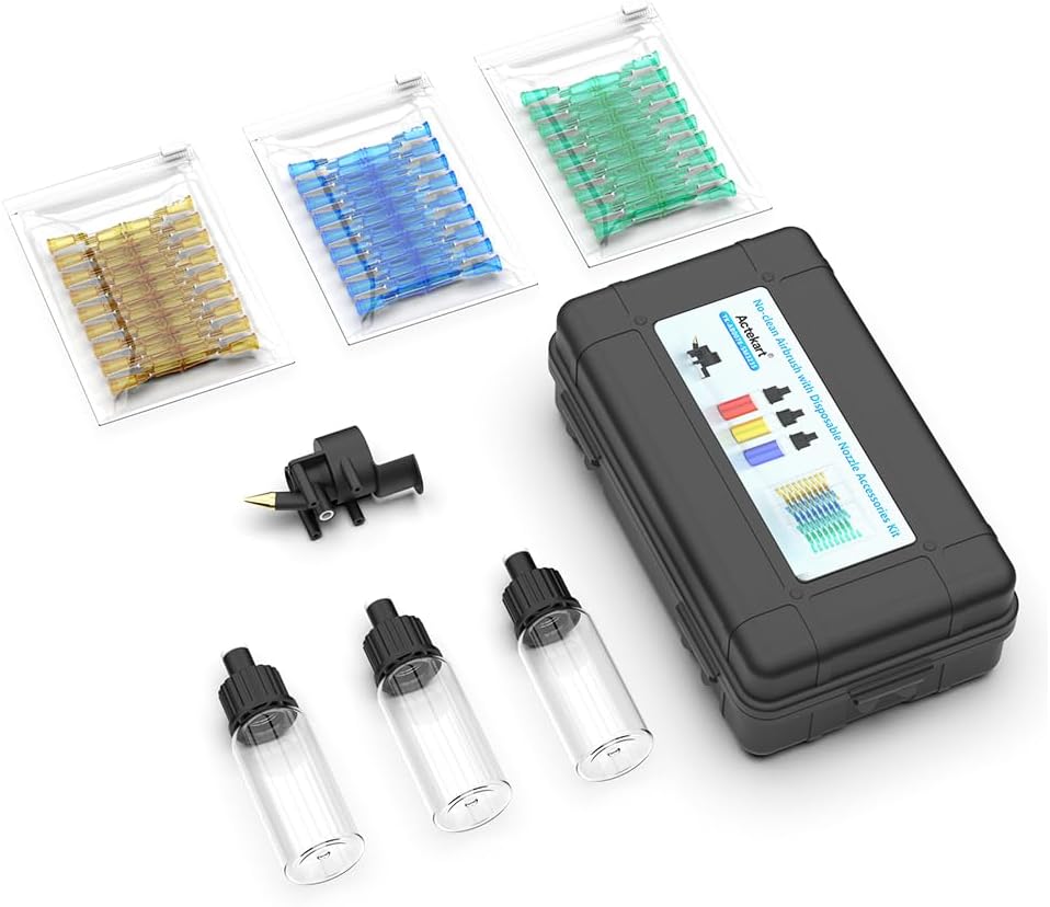 Airbrush Nozzles and Bottles Kit - 150pc Disposable Needles (0.2, 0.3, 0.5mm) with 3 Paint Bottles & 1 Spray Module | Compatible with TK-AB0077/TK-AB0078 No-Clean Airbrush