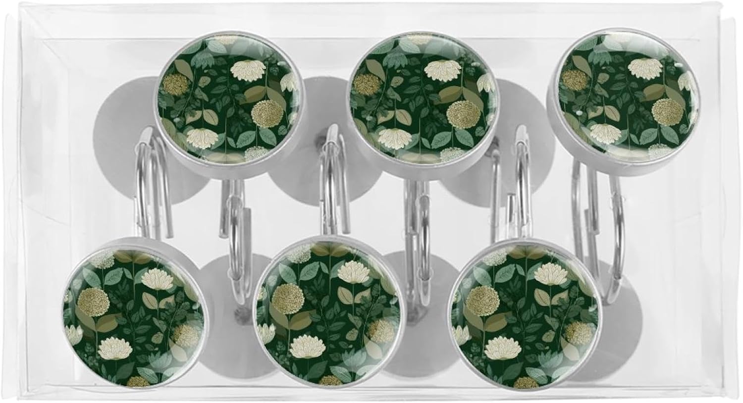 Sage Green Flowers (3) Round Crystal Glass Decorative Shower Curtain Hooks with 3D Pattern Visual, Rust Proof Shower Curtain Rings-12 Pack