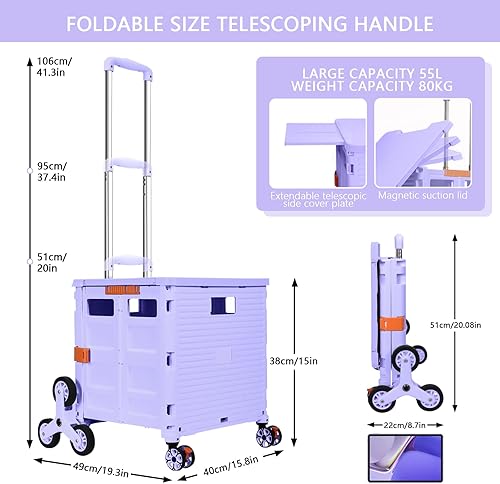 Miniatura 8 de Carrito plegable con ruedas de escalada de escalera, caja plegable con tapa magnética, cubierta telescópica, mango telescópico, rueda giratoria de