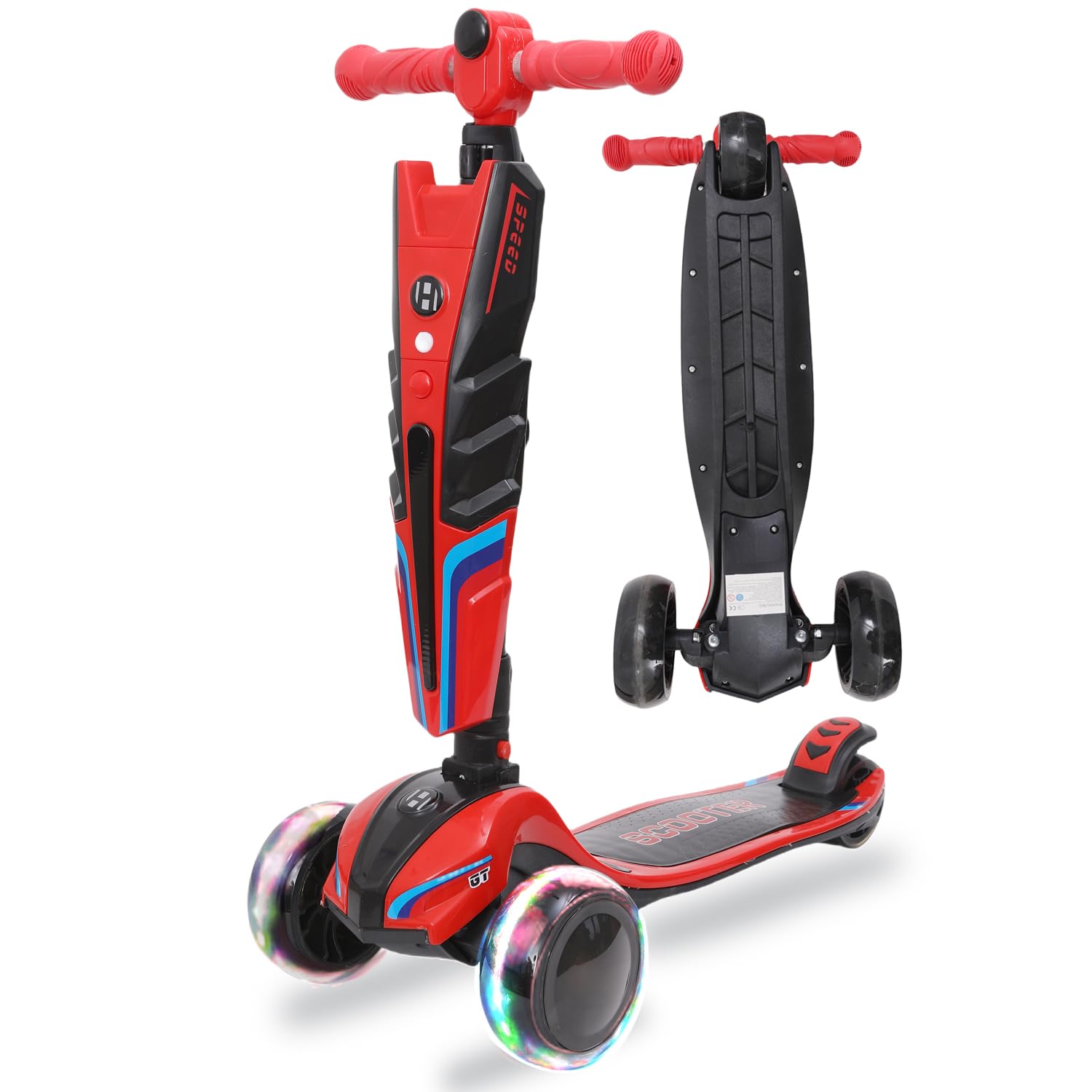 Habib - Patinete infantil con luces LED, 3 ruedas, plegable, altura regulable, para niños y niñas, 3-12 años, hasta 50 kg