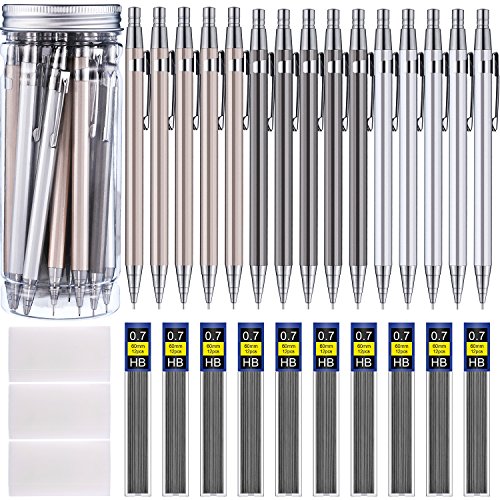 Boao 15 Pieces Metal Mechanical Pencils, 10 Tubes of Refills and 3 Pieces Erasers with Clear Plastic Bottle, 0.7 mm (color set 1 0.7 mm)