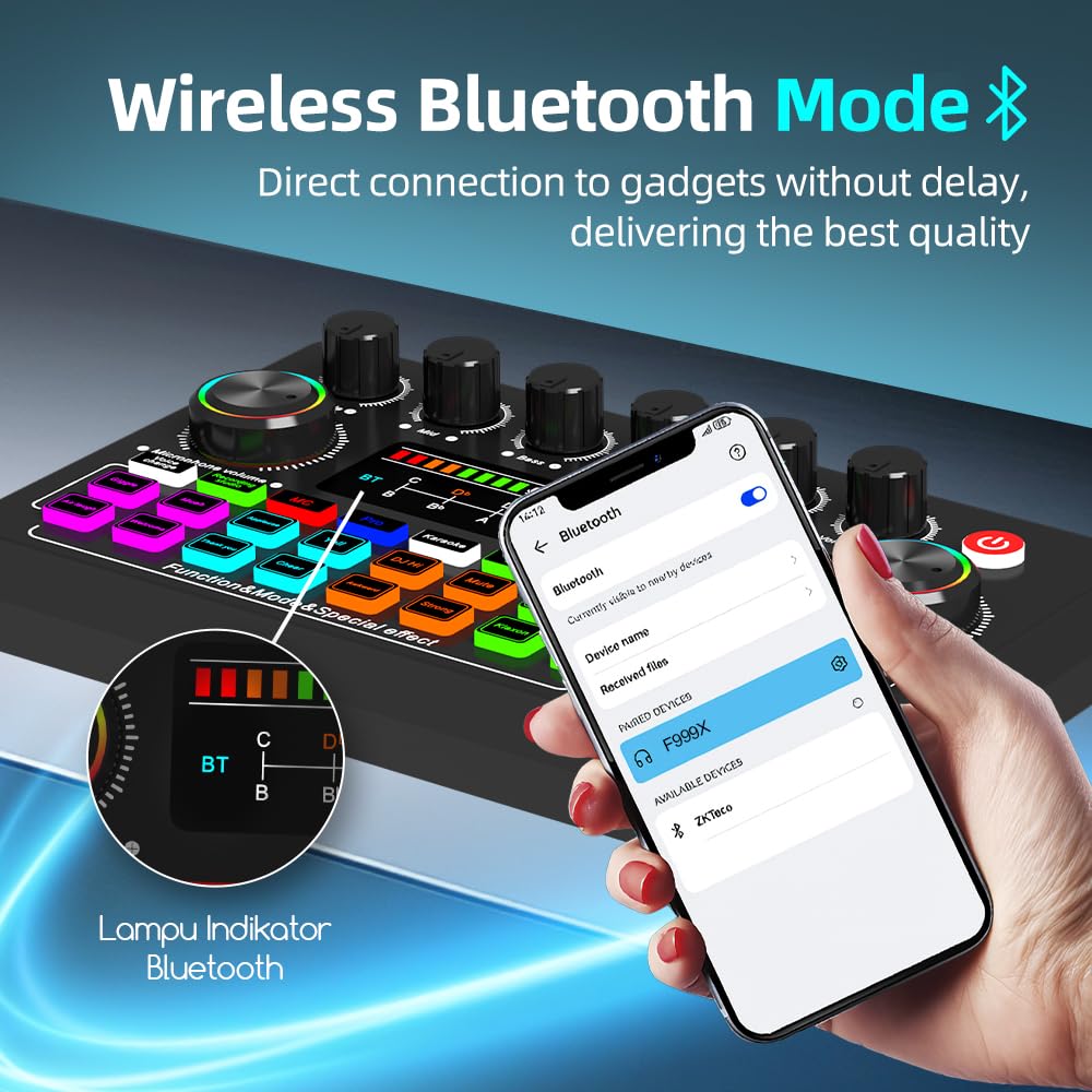 F999X Carte son en direct, mixeur audio professionnel et réduction du bruit, réglage électronique de la musique et affichage de la batterie, interface audio et changeur de voix, effets RVB, mixeur DJ