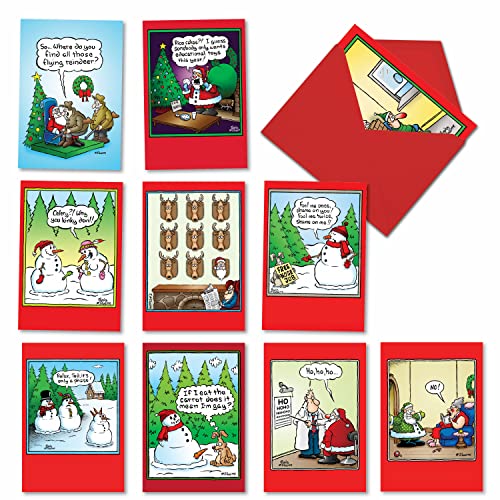 NobleWorks - 10 Assorted Funny Cards for Christmas - Cartoon Humor, Boxed Happy Holiday Notecards with Envelopes - Holly Jolly Rice Cakes A5557XSG-B1x10
