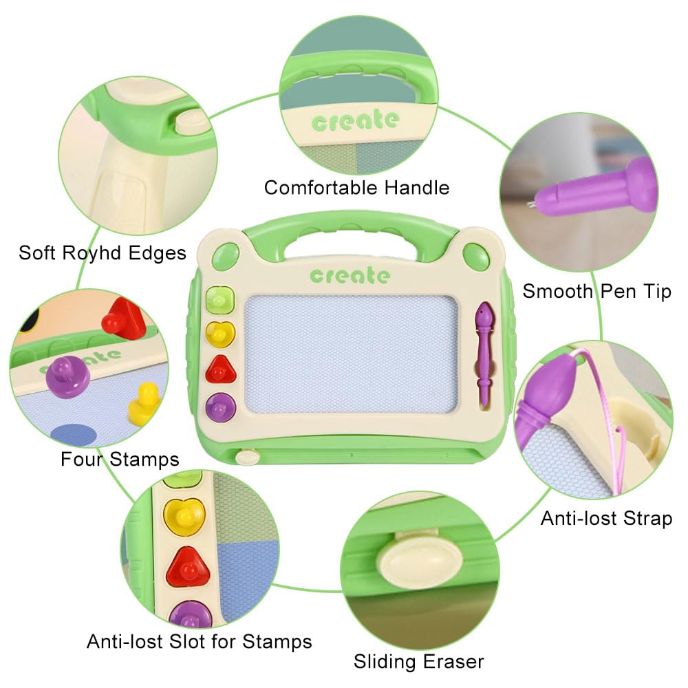 Tableau Magnétique Dessin Enfant – Ardoise Magique 28x22cm Avec Stylo & 3 Tampons (Vert)
