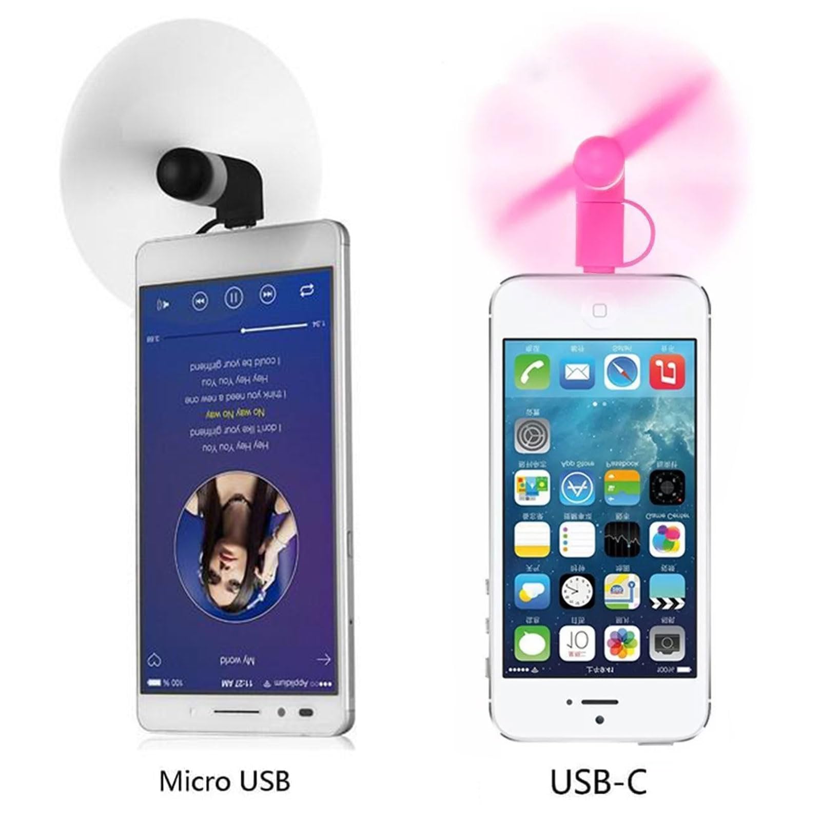 Comioke Mini wentylator do telefonu komórkowego, 5 sztuk, przenośny, mini wentylator do telefonu komórkowego, przenośny, obrotowy, USB, mały, cichy, czarny, biały, pomarańczowy, zielony, różowy