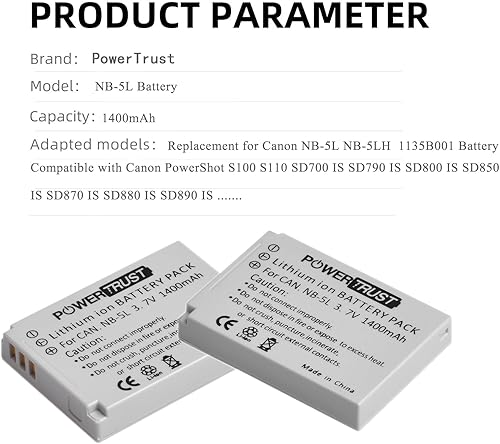 Miniatura 4 de Batería NB-5L de 1400mAh (paquete de 2) para Canon PowerShot S100 S110 SD700 es SD790 es SD800 es SD850 es SD870 es SD880 es SD890 es SD900 es SD950