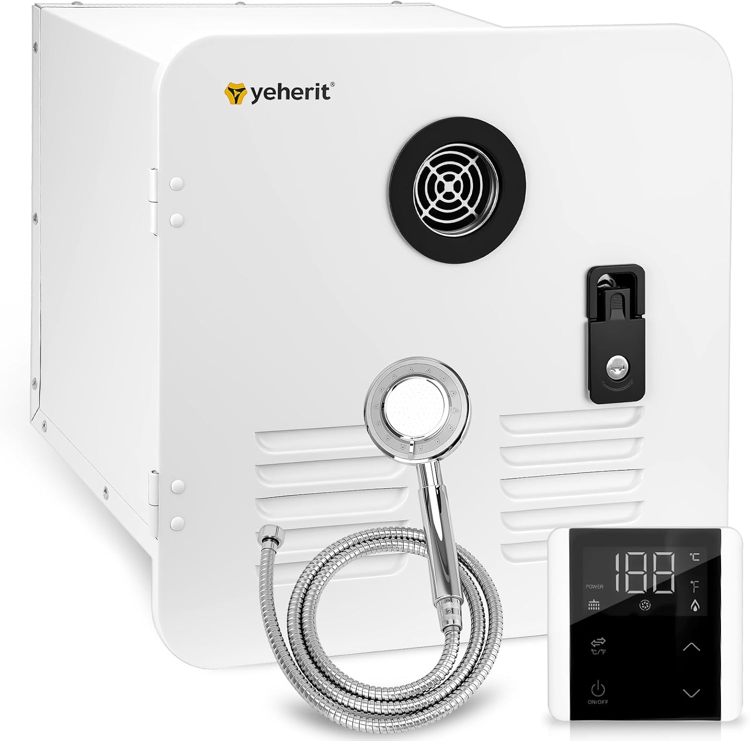 55000 BTU RV Tankless Water Heater, 12V 3.9 GPM, CSA Certificated, Instant Hot Water Heater with 15 x 15 inches Door and Remote Controller, High Altitude Available, Compatible with All RVs (White) with White Door