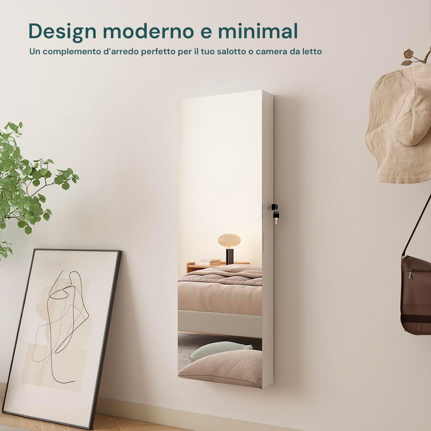 Avilia Armario joyero con espejo 110 x 37 x 10 cm de MDF ultra robusto – Organizador de joyas y accesorios que ahorra espacio con cierre seguro con llave, montaje en pared o puerta